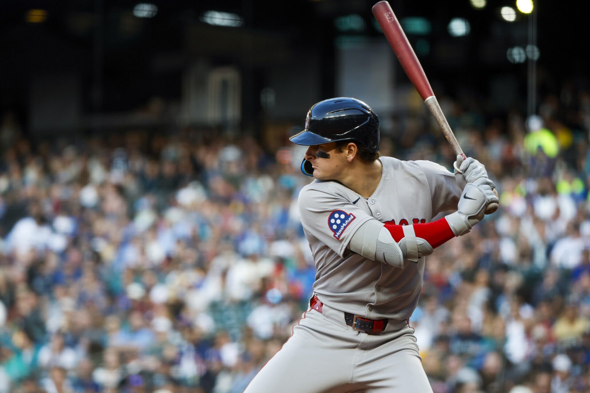 Boston Red Sox right fielder Roman Anthony (19) stands in the batters box against the Seattle Mariners during the sixth inning at T-Mobile Park.
