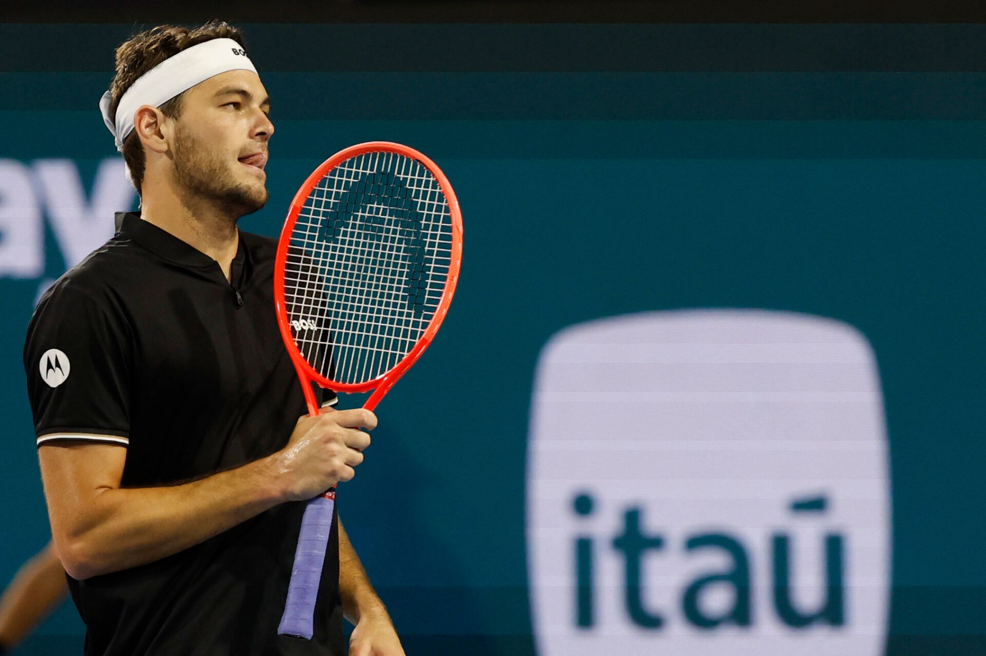 Taylor Fritz (USA) reacts after winning a point against Jakub Mensik (CZE)(not pictured) in a men's singles semifinal on day eleven of the Miami Open at Hard Rock Stadium.
