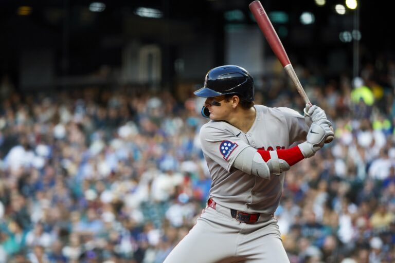 Boston Red Sox right fielder Roman Anthony (19) stands in the batters box against the Seattle Mariners during the sixth inning at T-Mobile Park.