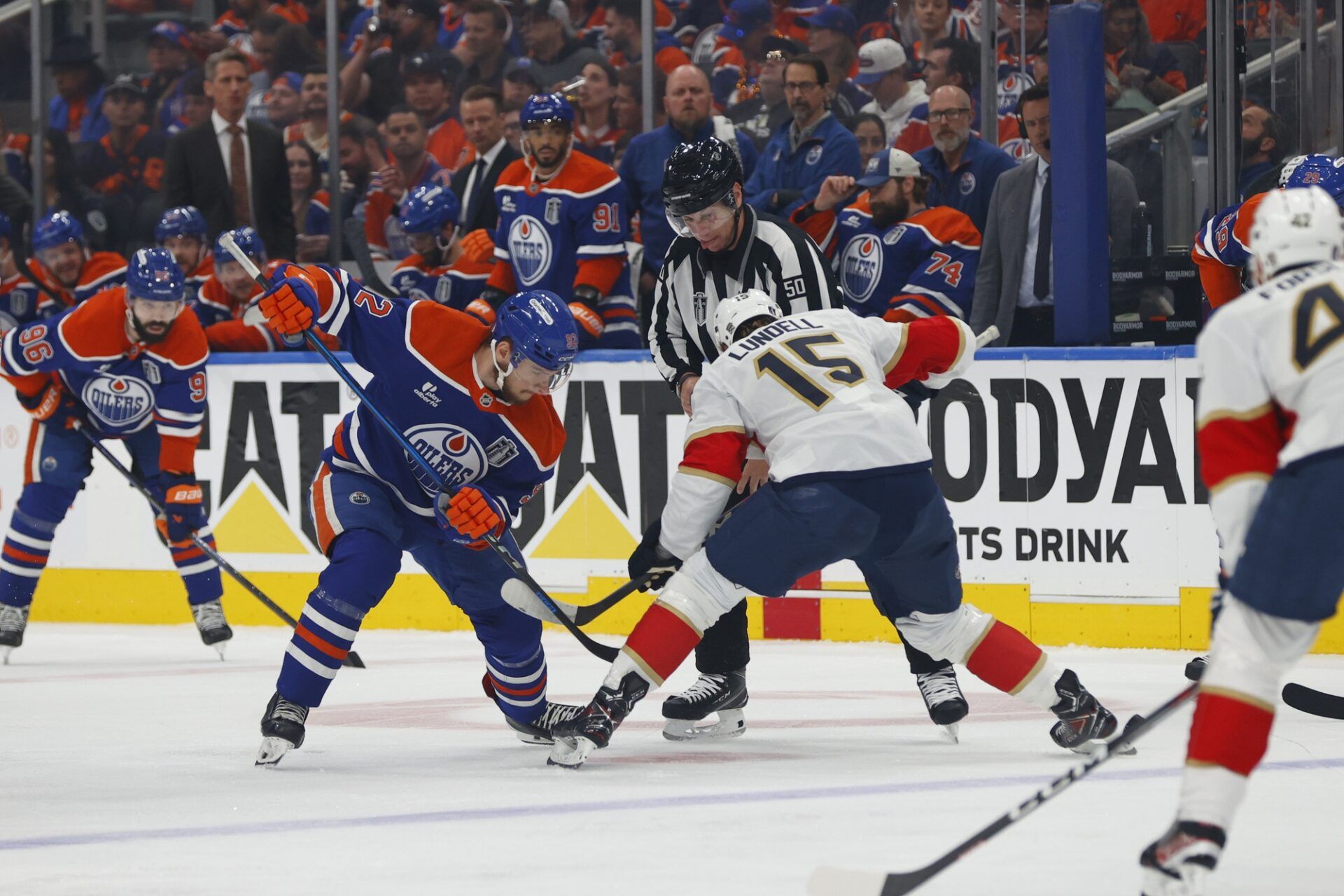 Edmonton Oilers right wing Vasily Podkolzin (92) faces off  against Florida Panthers forward Anton Lundell (15) during the first period in game five of the 2025 Stanley Cup Final at Rogers Place.