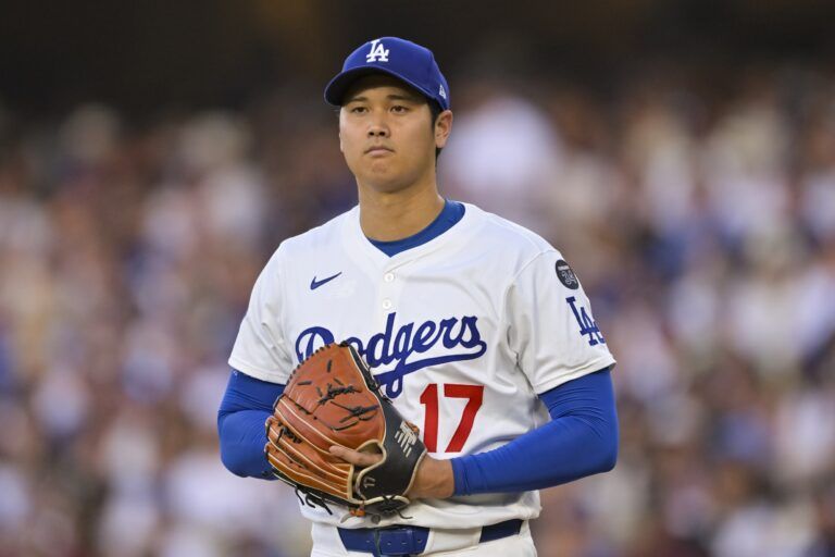 Los Angeles Dodgers designated hitter Shohei Ohtani (17) looks on during the first inning against the San Diego Padres at Dodger Stadium.