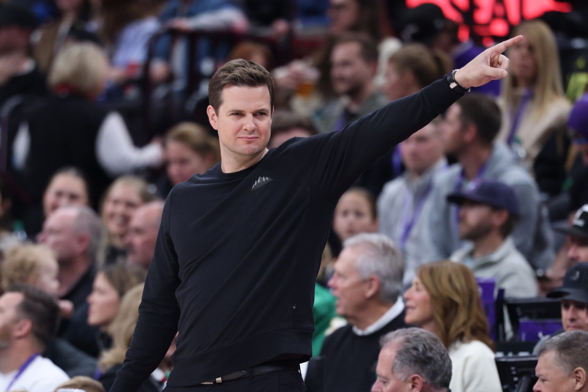 Utah Jazz head coach Will Hardy calls a play against the Boston Celtics during the second half at Delta Center.
