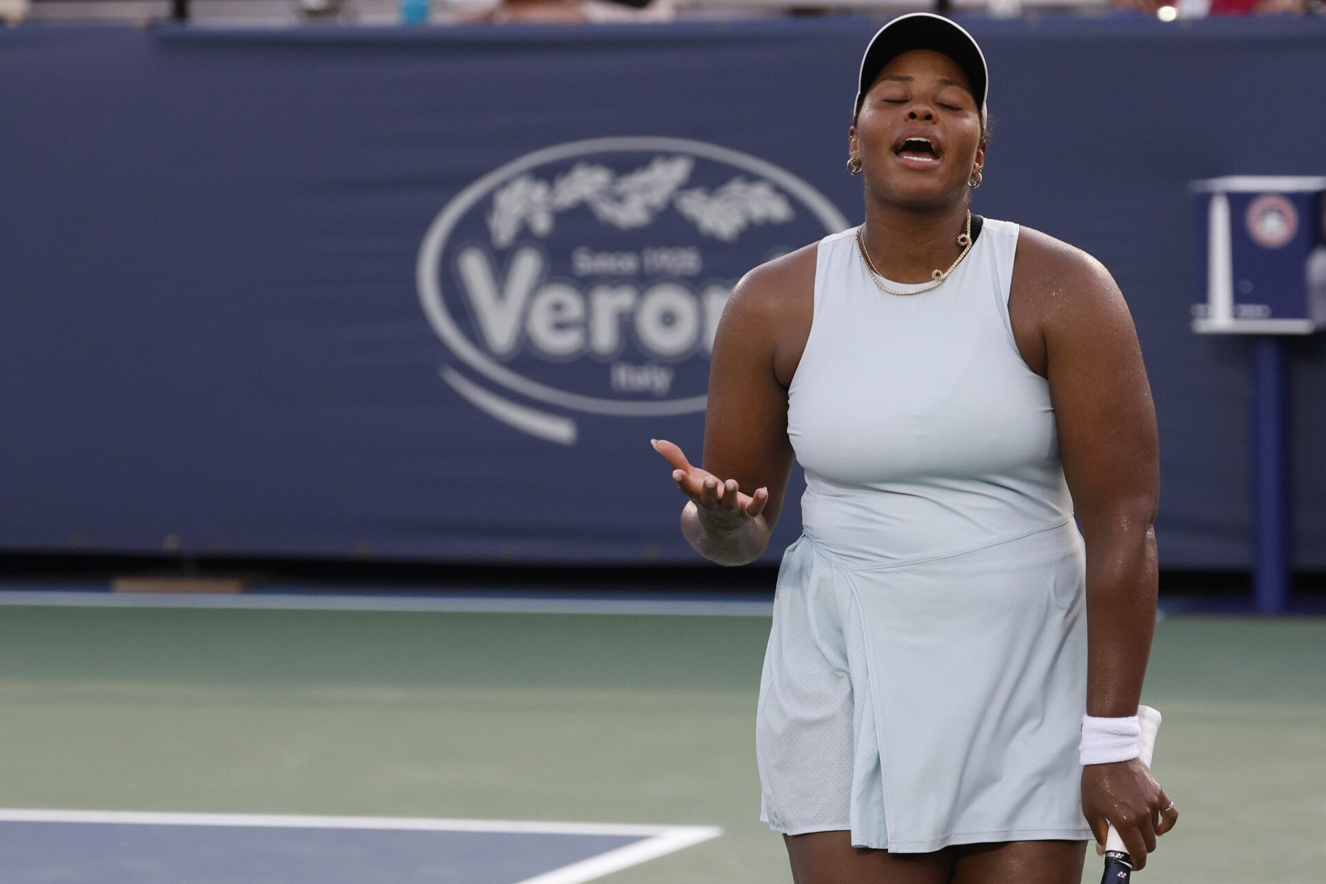 Taylor Townsend (USA) reacts after missing a shot against Marie Bouzkova (CZE)(not pictured) on day six of the Mubadala City DC Open at Rock Creek Park Tennis Center.