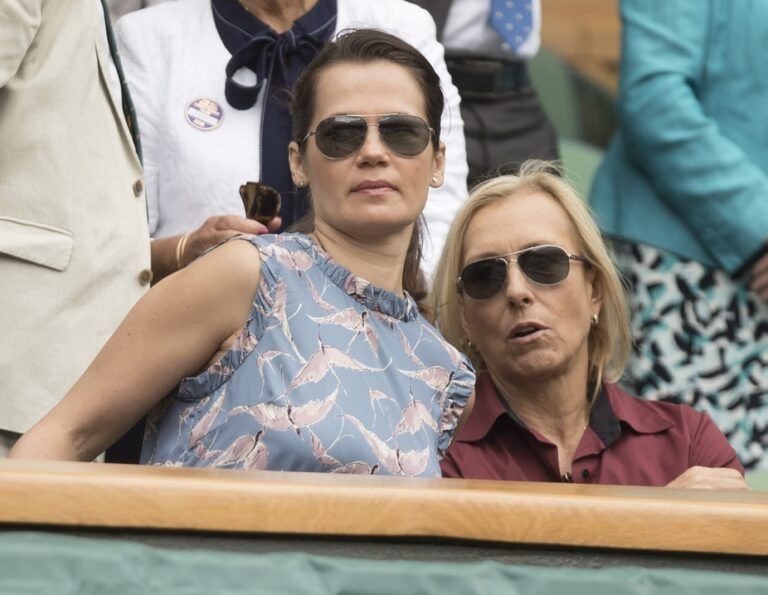 Martina Navratilova (R) and her wife, Julia Lemigova (L) in attendance for the Coco Vandeweghe (not pictured) and Roberta Vinci (not pictured) match on day seven of the 2016 The Championships Wimbledon.
