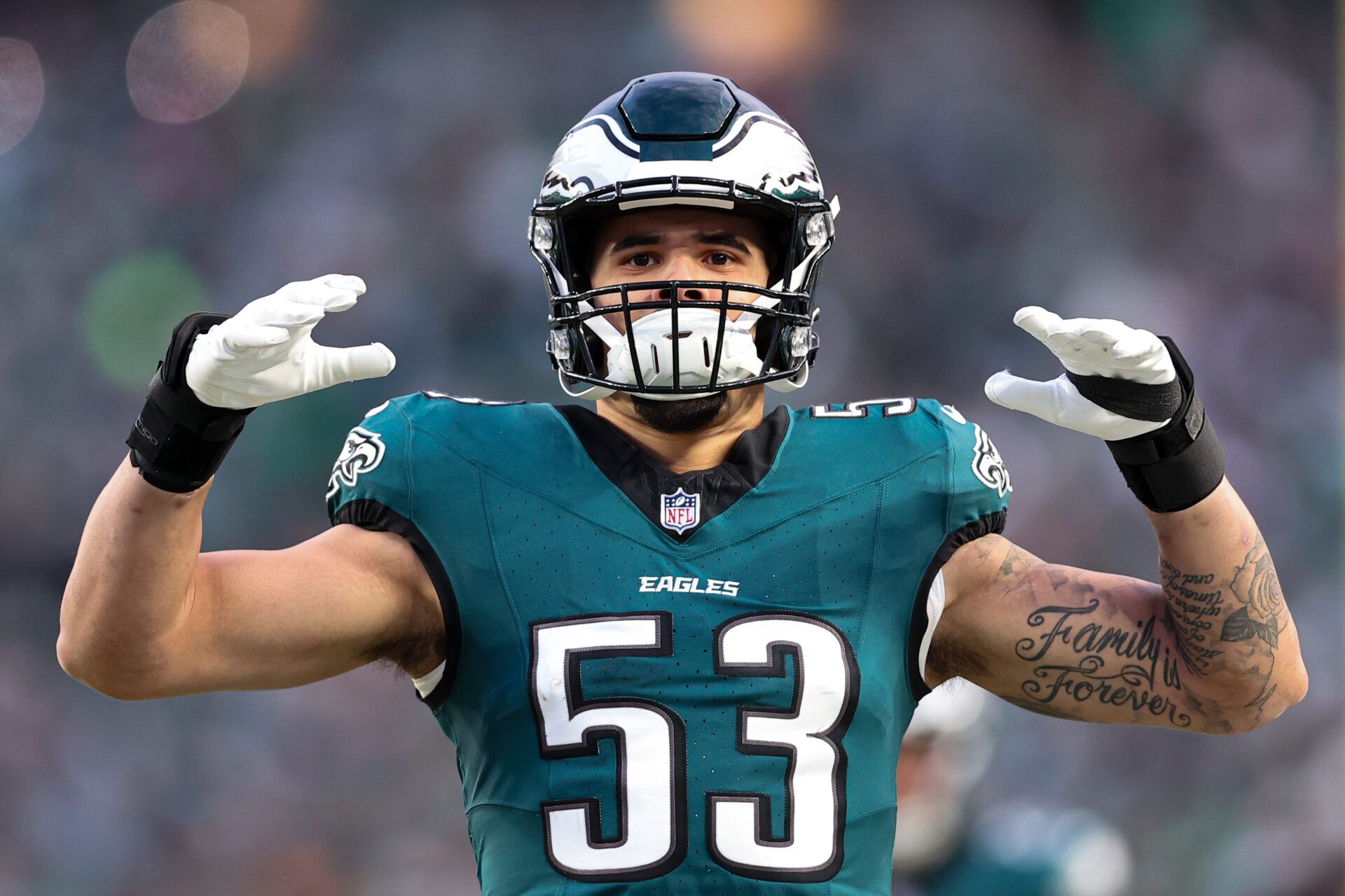 Philadelphia Eagles linebacker Zack Baun (53) before kick off against the Green Bay Packers in an NFC wild card game at Lincoln Financial Field.