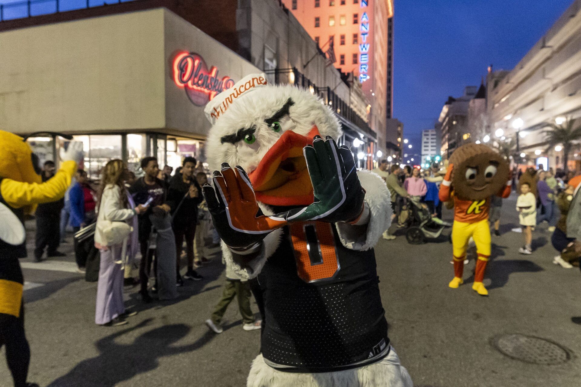 Miami Hurricanes mascot Sebastian the Ibisas joins Senior Bowl football players in the Mardi Gras player parade in downtown Mobile.