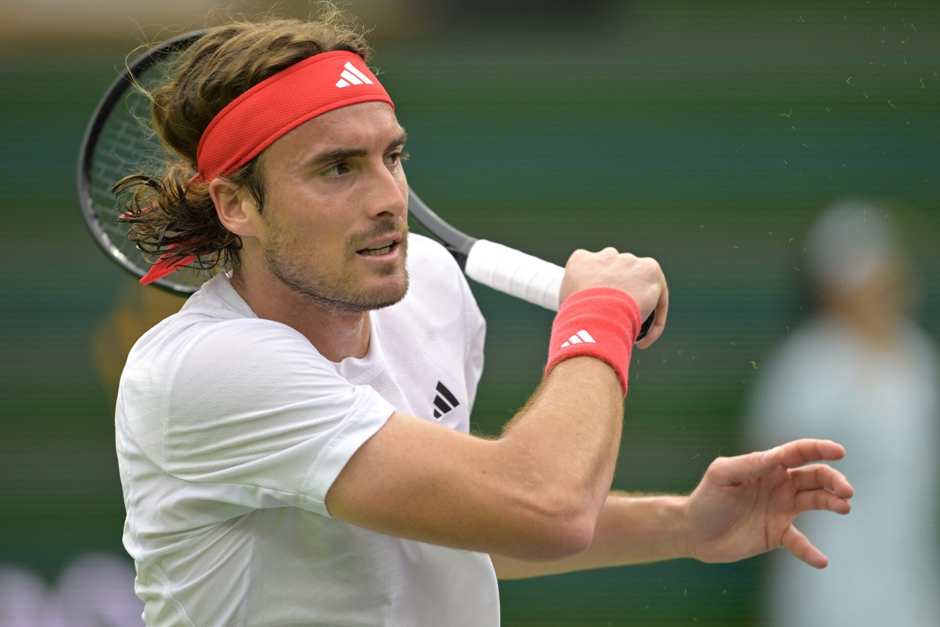 Stefanos Tsitsipas (GRE) hits a shot during his fourth round match against Holger Rune (not pictured) at the BNP Paribas Open the at Indian Well Tennis Garden.