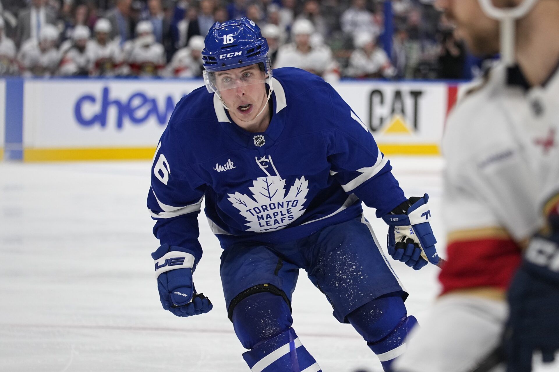 Toronto Maple Leafs forward Mitch Marner (16) skates against the Florida Panthers during the third period of game five of the second round of the 2025 Stanley Cup Playoffs at Scotiabank Arena.