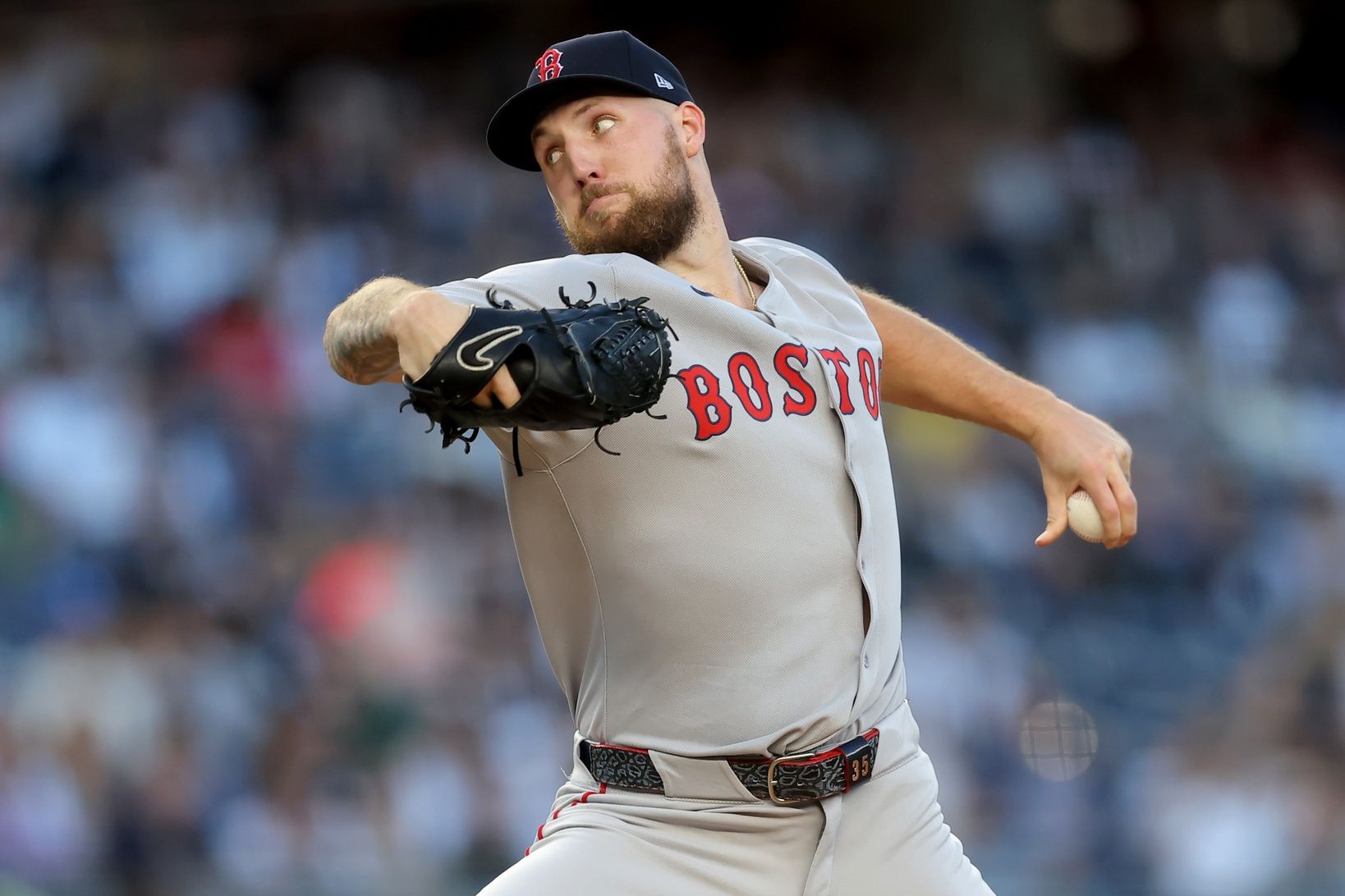 Boston Red Sox starting pitcher Garrett Crochet (35) pitches against the New York Yankees during the first inning at Yankee Stadium.