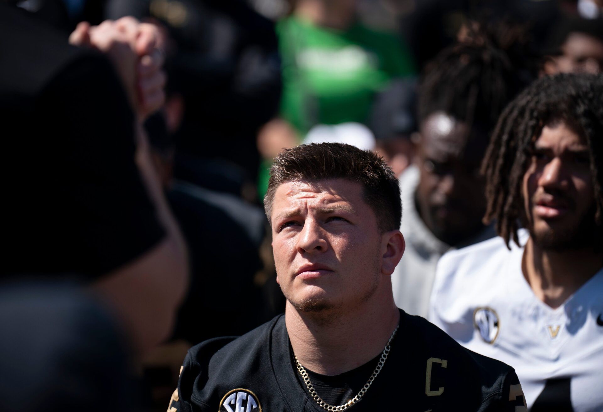 Vanderbilt quarterback Diego Pavia (2) gathers with the team to listen to Vanderbilt head coach Clark Lea after the Vanderbilt Football Black and Gold Spring Game at FirstBank Stadium in Nashville, Tenn., Saturday, April 12, 2025. Pavia didn't play in the game.