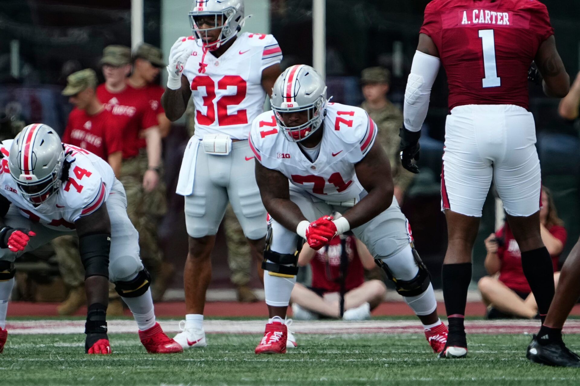 Ohio State Buckeyes offensive lineman Josh Simmons (71) lines up during the NCAA football game at Indiana University Memorial Stadium. Ohio State won 23-3. Adam Cairns/Columbus Dispatch / USA TODAY NETWORK via Imagn Images