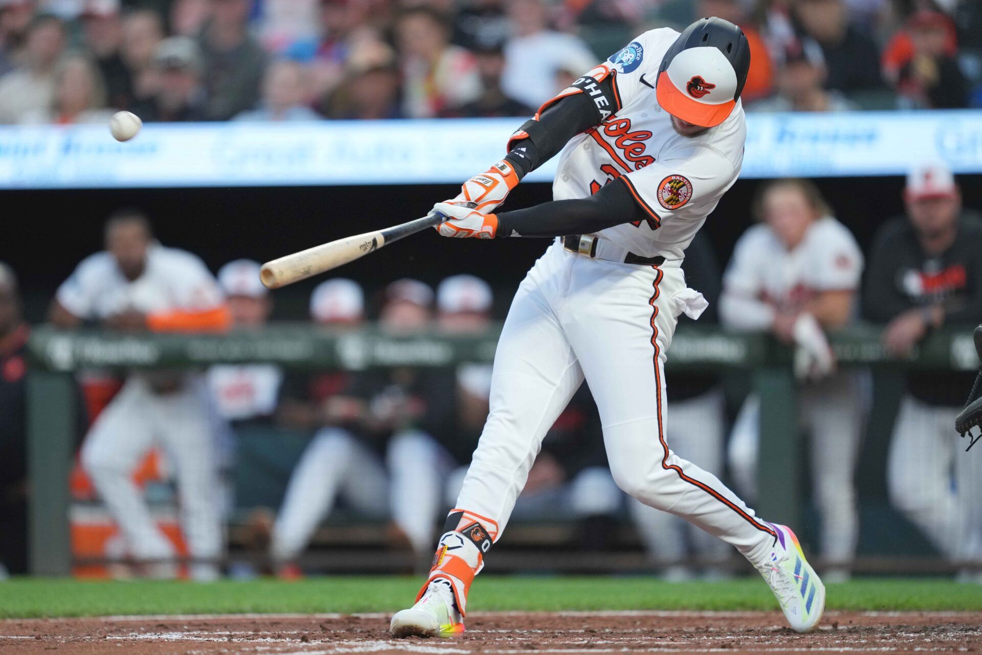 Baltimore Orioles  designated hitter Ryan O’Hearn (32) connects on a three run home run in the third inning against the New York Yankees at Oriole Park at Camden Yards.