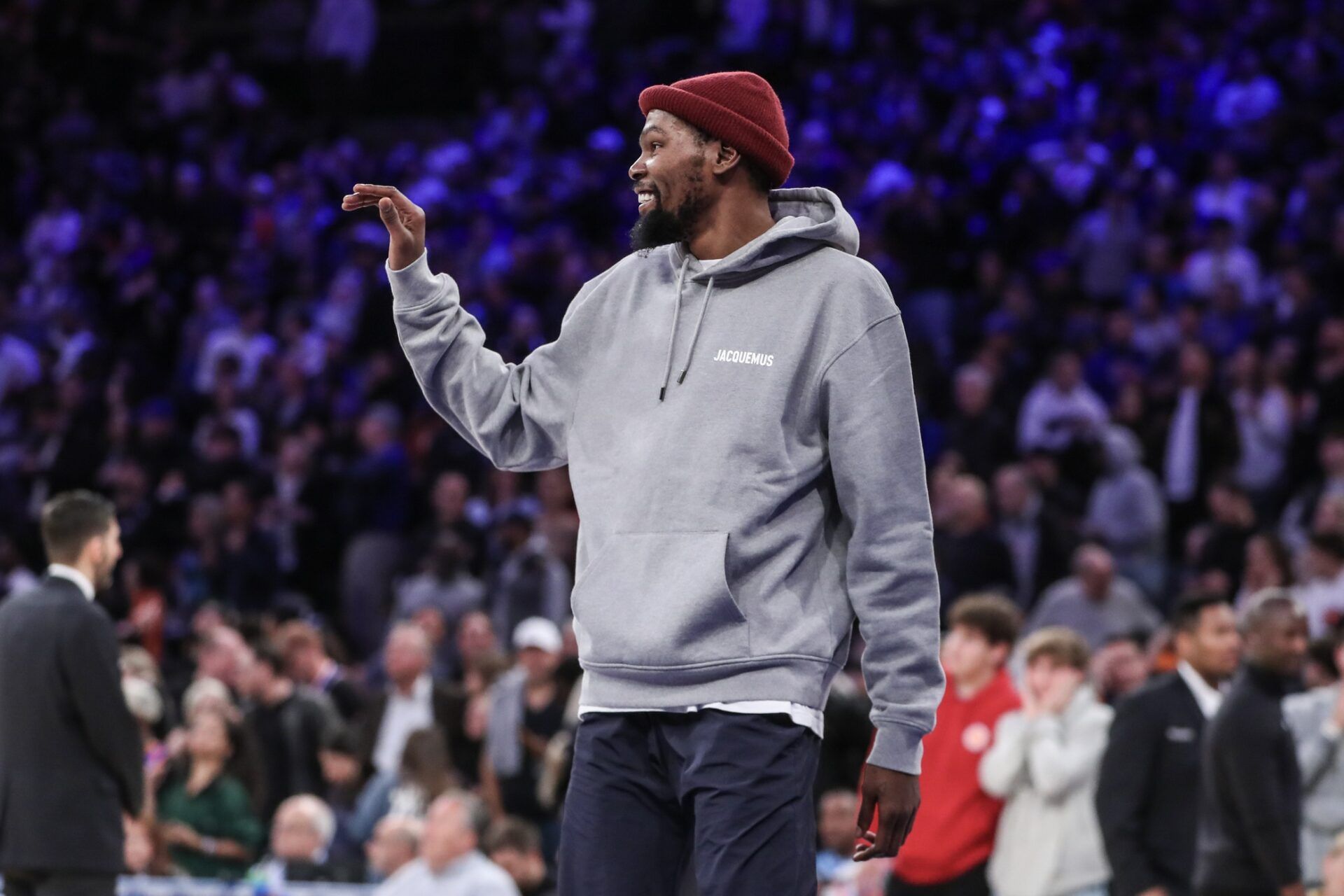 Phoenix Suns forward Kevin Durant waves to the fans after beating the New York Knicks 116-113 at Madison Square Garden.