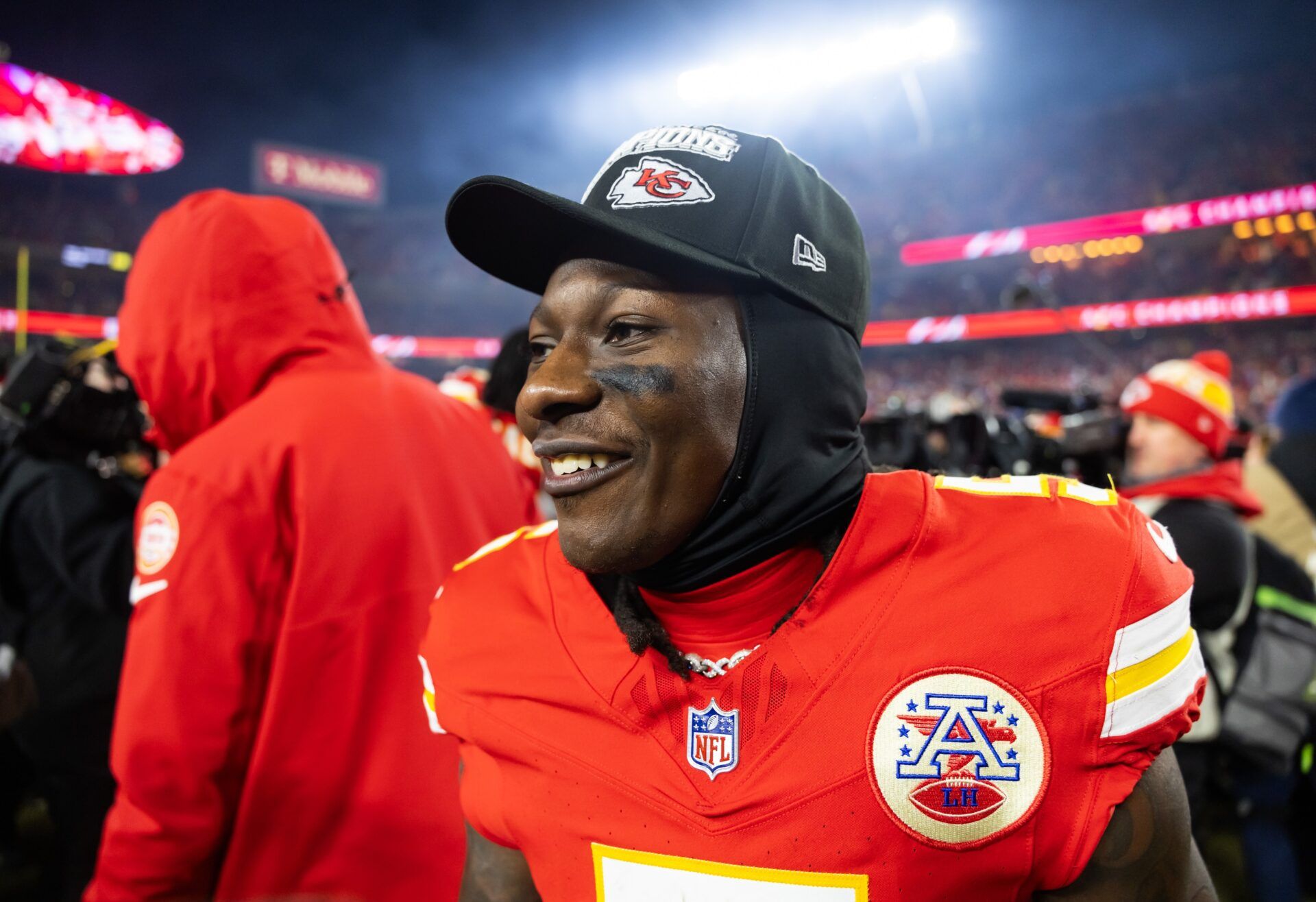 Kansas City Chiefs wide receiver Hollywood Brown (5) celebrates after defeating the Buffalo Bills in the AFC Championship game at GEHA Field at Arrowhead Stadium.