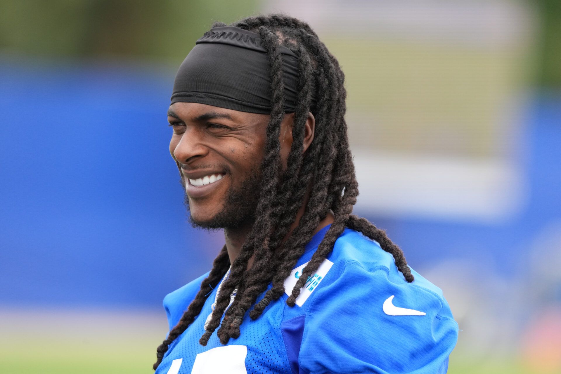 Los Angeles Rams wide receiver Devante Adams (17) was all smiles after organized team activities at Rams Practice Facility.