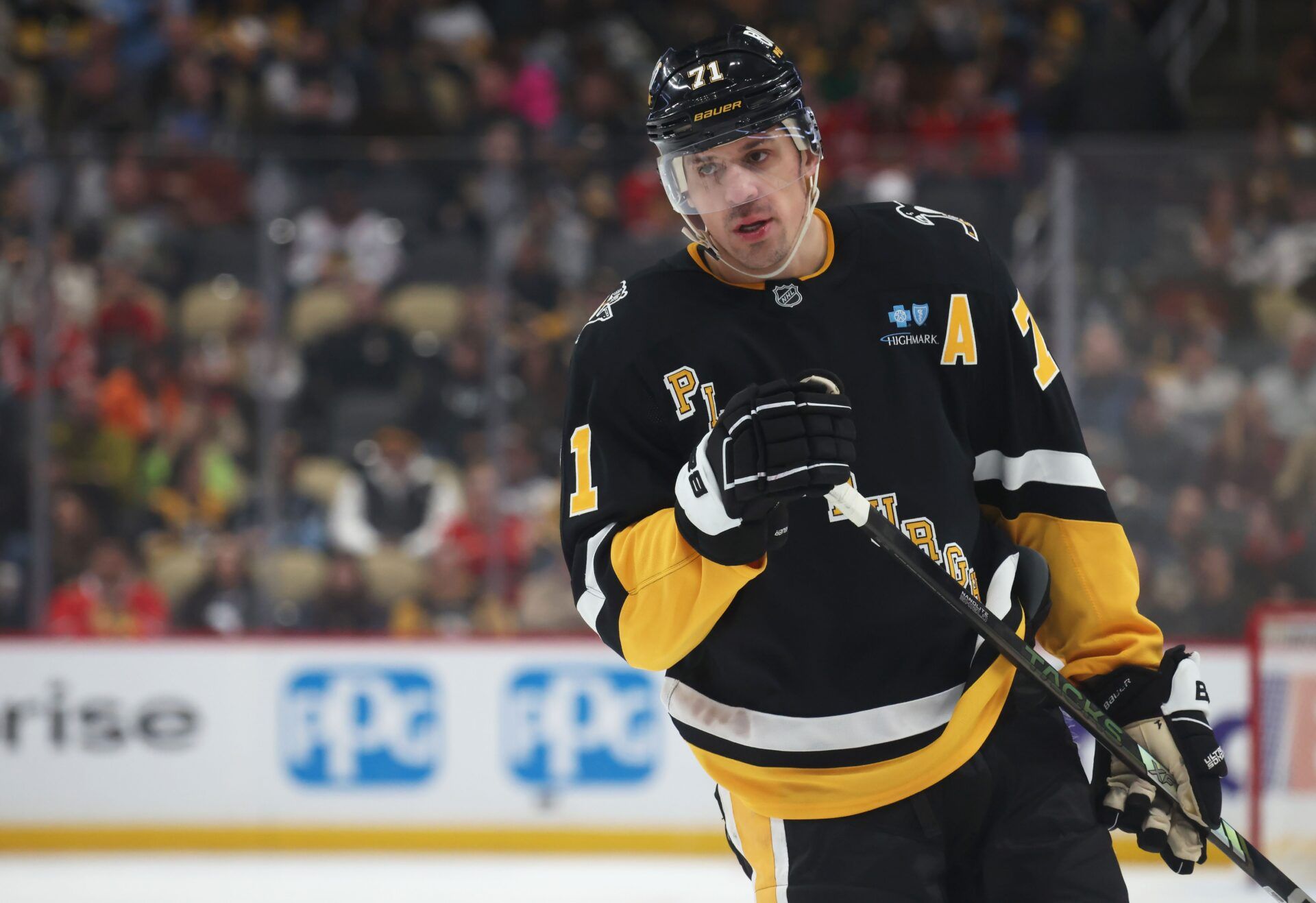 Pittsburgh Penguins center Evgeni Malkin (71) looks on against the Chicago Blackhawks during the first period at PPG Paints Arena.