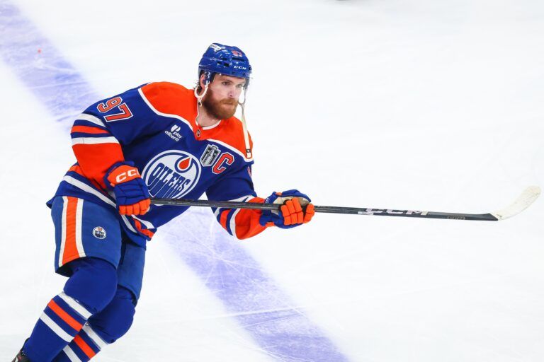 Edmonton Oilers center Connor McDavid (97) skates during the warmup period against the Florida Panthers in game five of the 2025 Stanley Cup Final at Rogers Place.