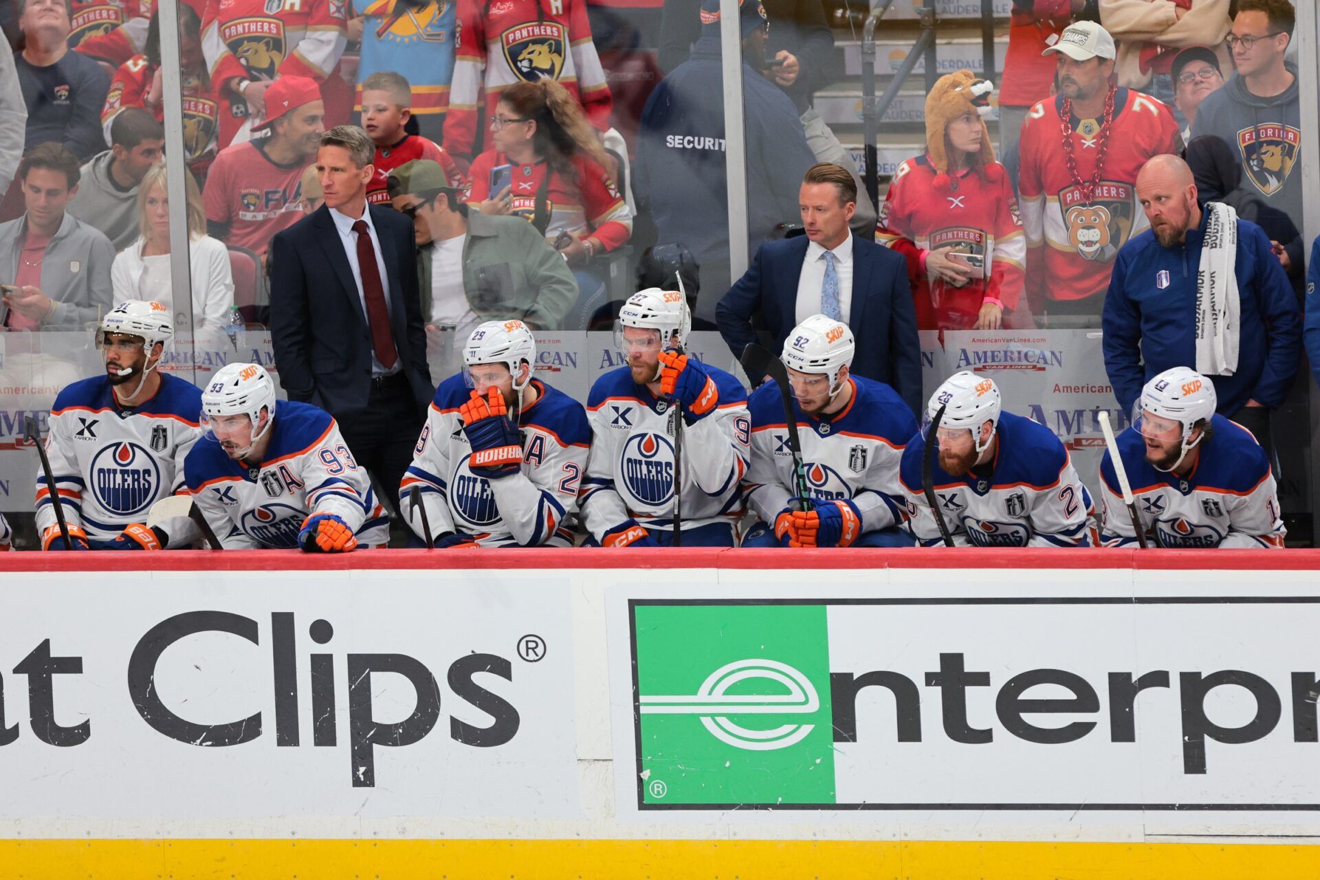 The Edmonton Oilers look on from the bench in the final minutes of game six of the 2025 Stanley Cup Final against the Florida Panthers at Amerant Bank Arena.