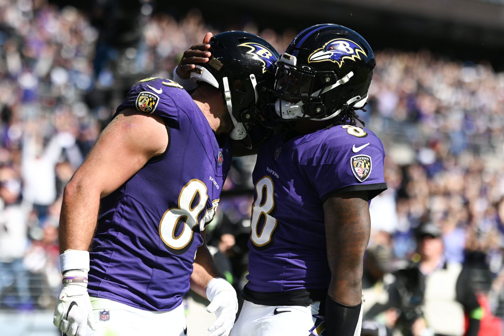 Baltimore Ravens tight end Mark Andrews (89) celebrates with quarterback Lamar Jackson (8) after socking a 2aqtouchdown  against the Detroit Lions  at M&T Bank Stadium.