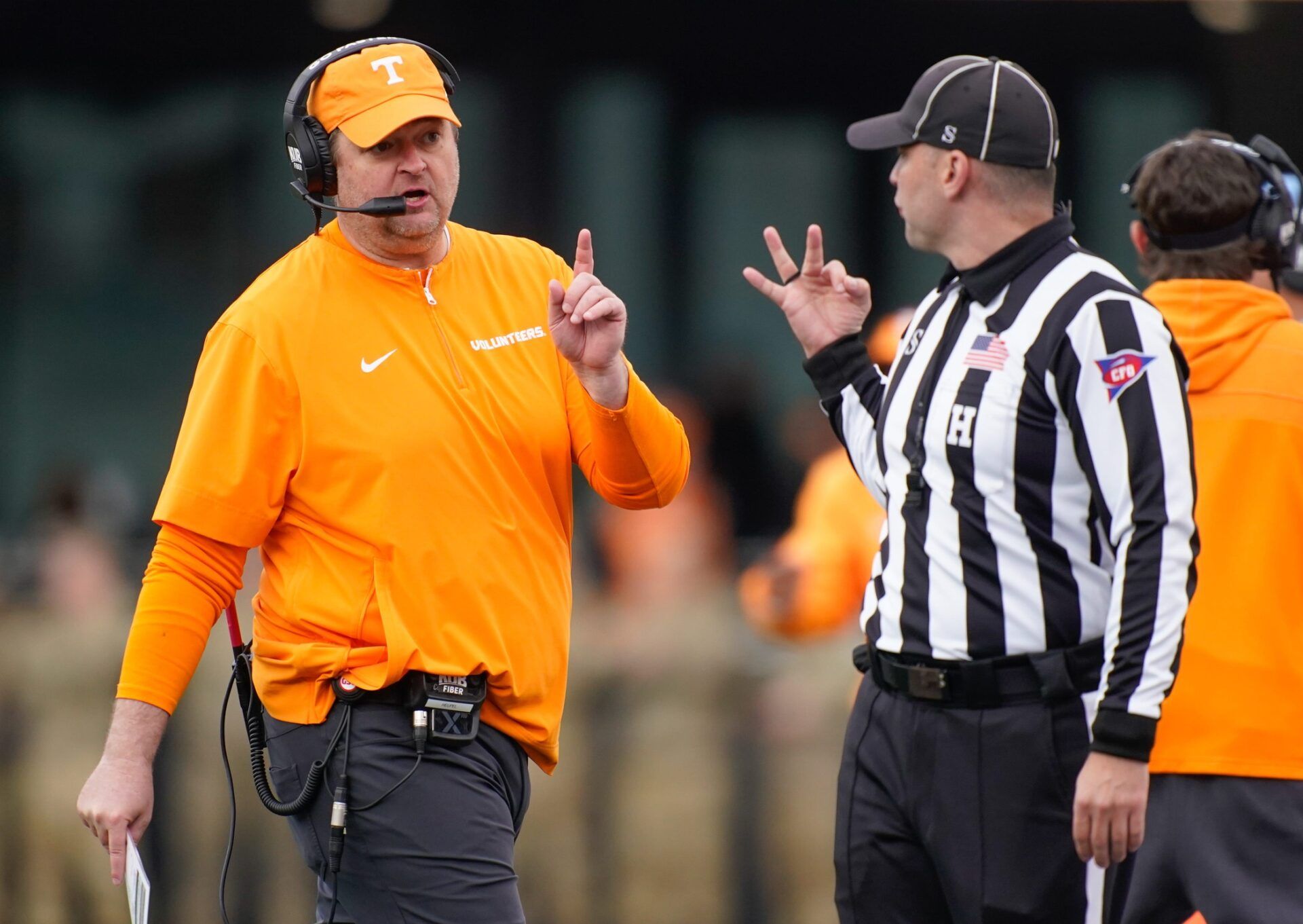 Tennessee head coach Josh Heupel communicates with an official during the third quarter at FirstBank Stadium in Nashville, Tenn., Saturday, Nov. 30, 2024.