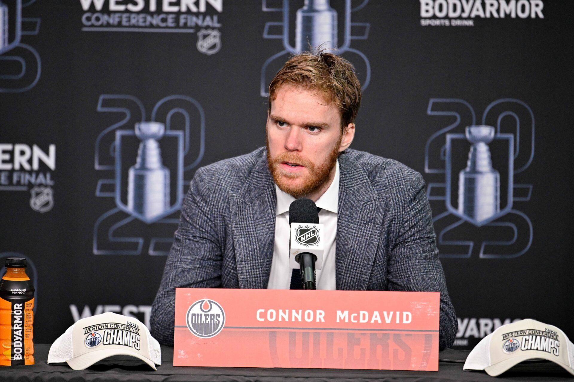 Edmonton Oilers center Connor McDavid speaks to the media after the game against the Dallas Stars in game five of the Western Conference Final of the 2025 Stanley Cup Playoffs at American Airlines Center.