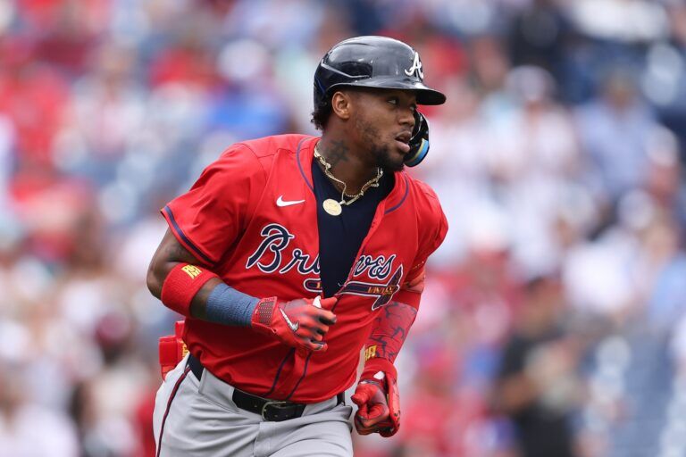 Atlanta Braves outfielder Ronald Acua Jr. (13) runs the bases after hitting an RBI single during the sixth inning against the Philadelphia Phillies at Citizens Bank Park.