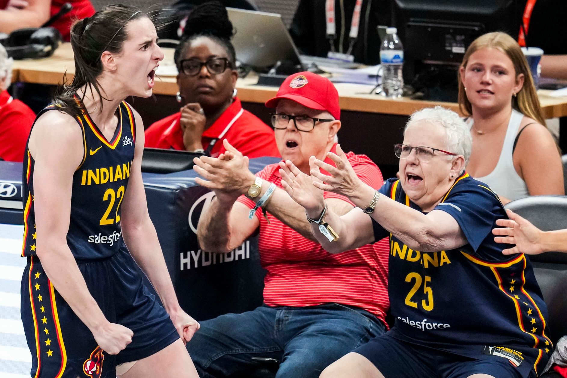 Indiana Fever guard Caitlin Clark (22) celebrates after scoring a 3-pointer Tuesday, June 17, 2025, during a game between the Indiana Fever and the Connecticut Sun at Gainbridge Fieldhouse in Indianapolis. The Indiana Fever defeated the Connecticut Sun, 88-71.