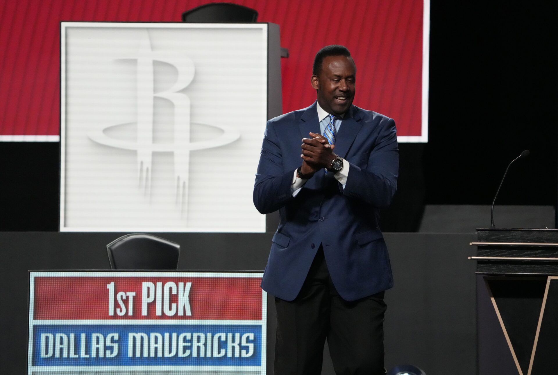 Rolando Blackman of the Dallas Mavericks reacts after winning the the first pick during the 2025 NBA Draft Lottery at McCormick Place.