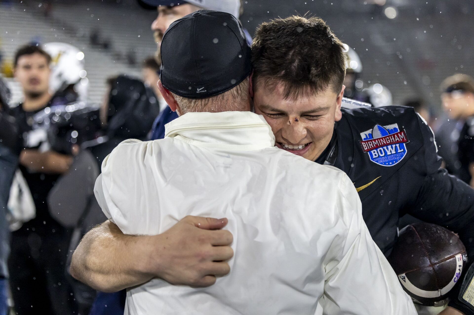 Vanderbilt Commodores quarterback Diego Pavia, right, celebrates a win against the Georgia Tech Yellow Jacketsafter the 2024 Birmingham Bowl at Protective Stadium.