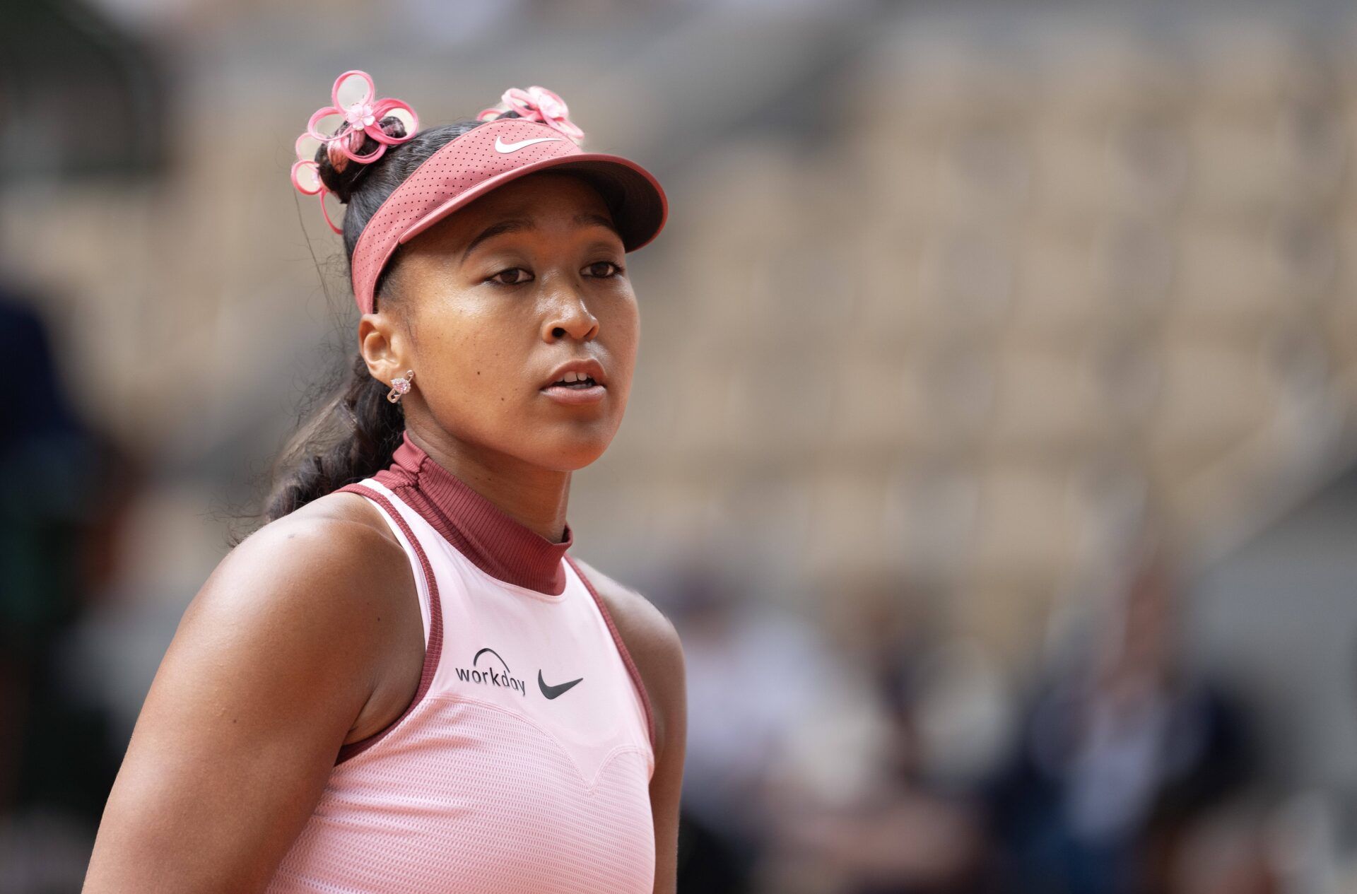 Naomi Osaka of Japan during her match against Paula Badosa of Spain on day two at Roland Garros Stadium.