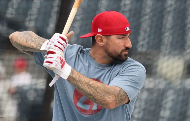 Philadelphia Phillies right fielder Nick Castellanos (8) at the batting cage before the game against the Pittsburgh Pirates at PNC Park.