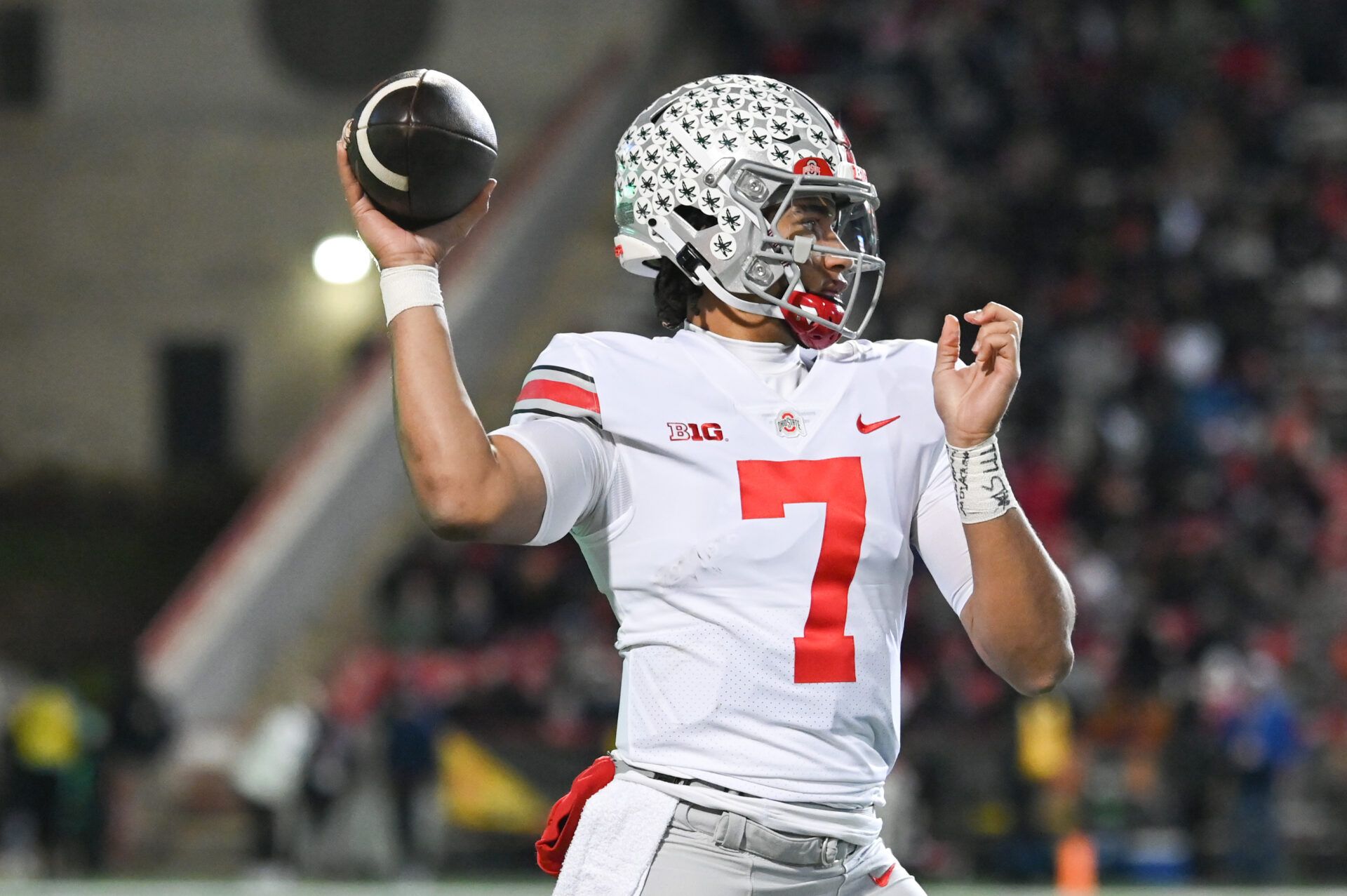 Ohio State Buckeyes quarterback C.J. Stroud (7) throws during the second half against the Maryland Terrapins  at SECU Stadium.