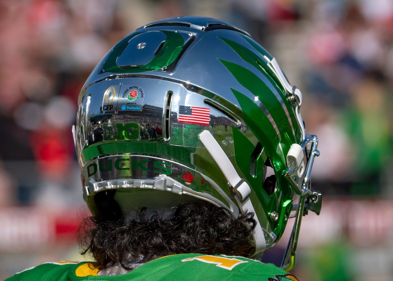 Oregon’s chrome helmets on Oregon wide receiver Justius Lowe as the Oregon Ducks face the Ohio State Buckeyes Wednesday, Jan. 1, 2025, in the quarterfinal of the College Football Playoff at the Rose Bowl in Pasadena, Calif.