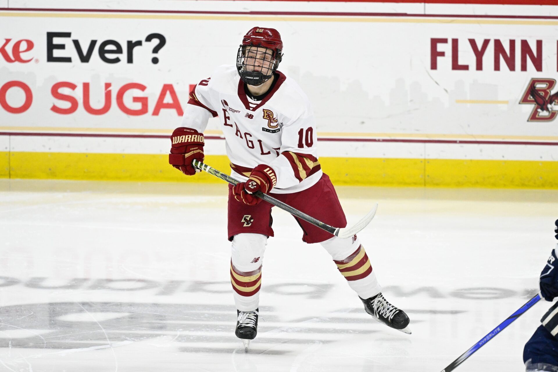 Boston College forward James Hagens (10) skates against the University of New Hampshire Wildcats during the second period at Conte Forum.
