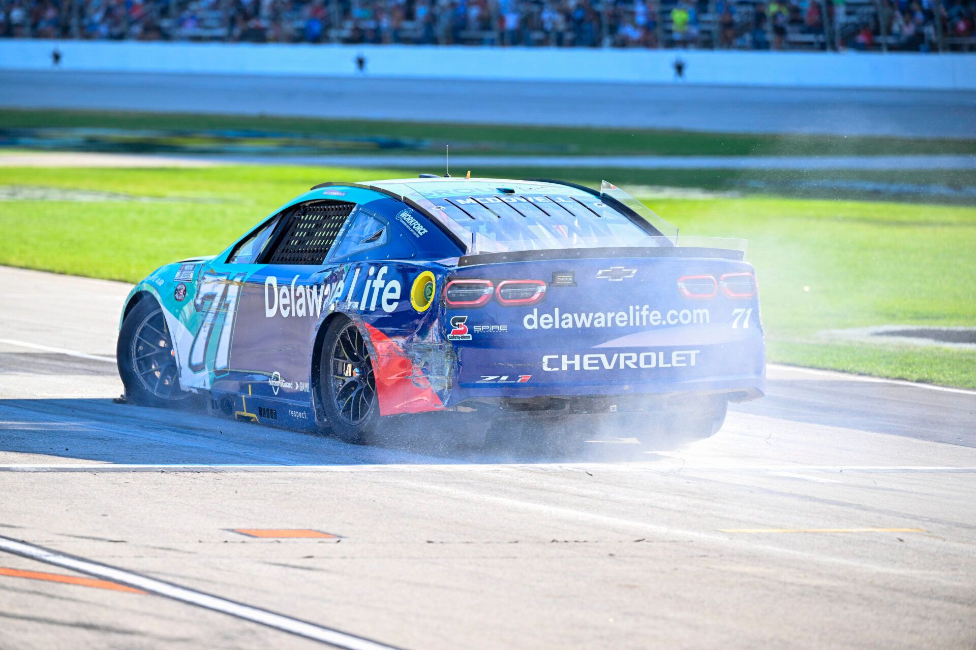 A view of the damage to the car of NASCAR Cup Series driver Michael McDowell (71) as he leaves the track during the Wurth 400 race at Texas Motor Speedway.