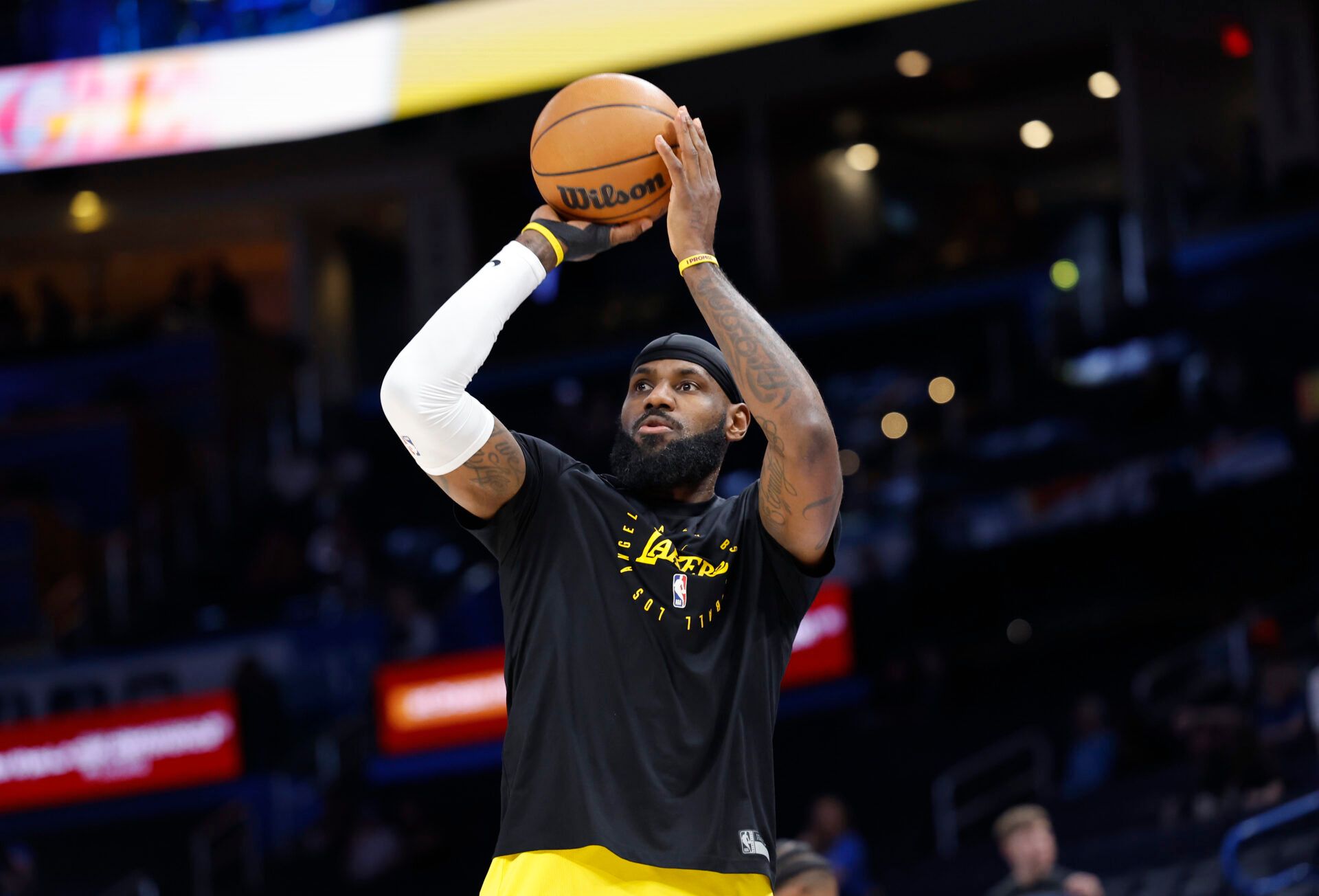 Los Angeles Lakers forward LeBron James warms up before the start of a game against the Oklahoma City Thunder at Paycom Center.