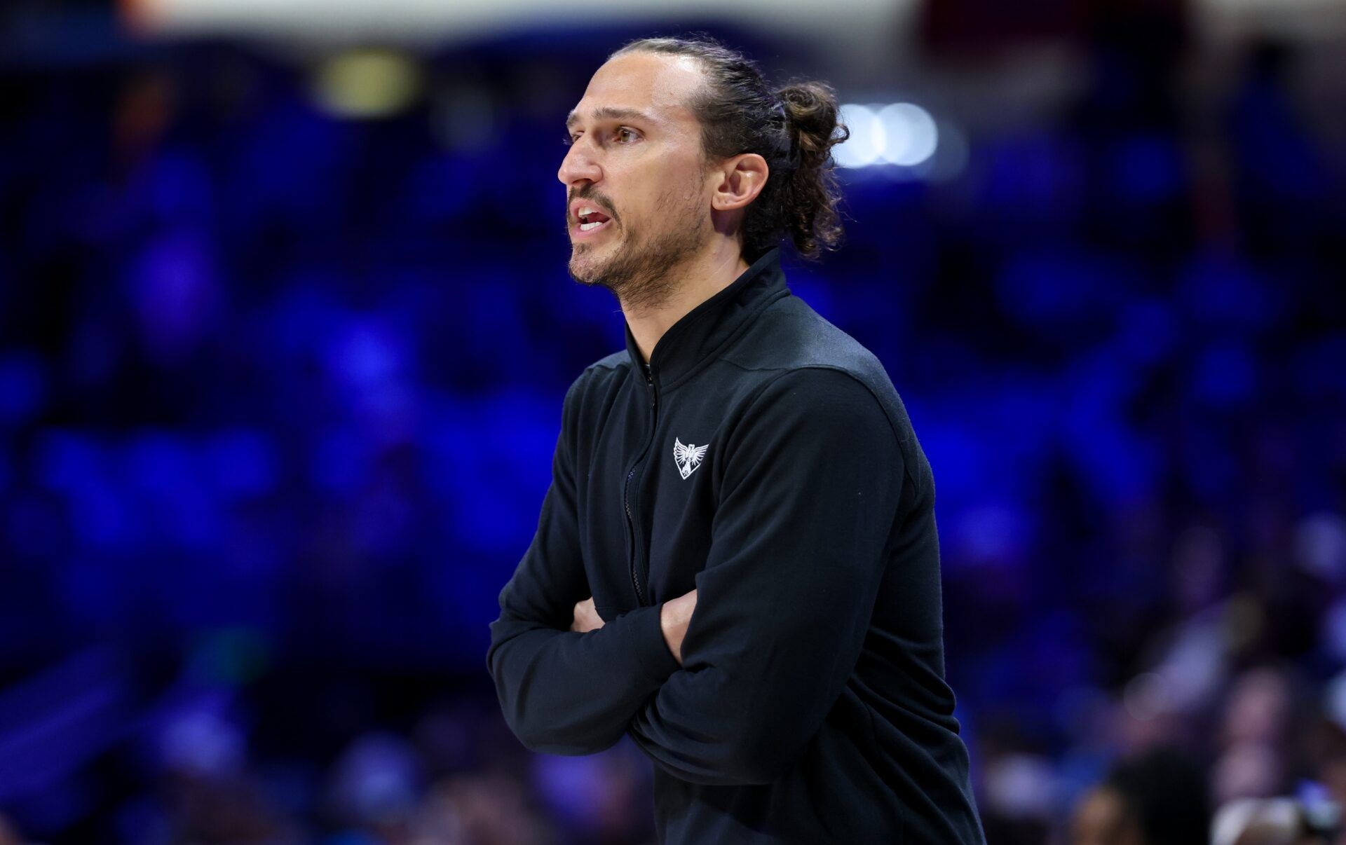 Dallas Wings head coach Chris Koclanes reacts during the game against the Golden State Valkyries at College Park Center.