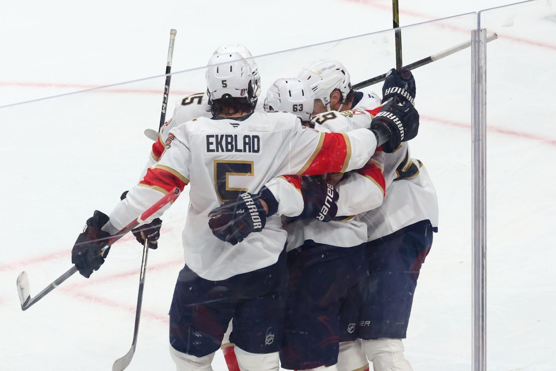 Florida Panthers forward Brad Marchand (63) celebrates scoring wtih defenseman Aaron Ekblad (5) during the first period against the Edmonton Oilers in game five of the 2025 Stanley Cup Final at Rogers Place.