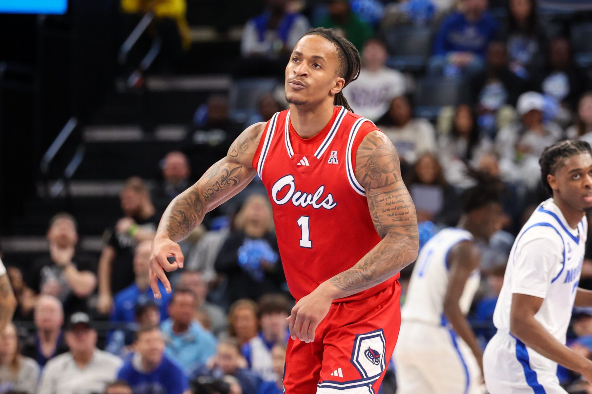 Florida Atlantic Owls forward Kaleb Glenn (1) reacts after a three point basket against the Memphis Tigers during the first half at FedExForum.