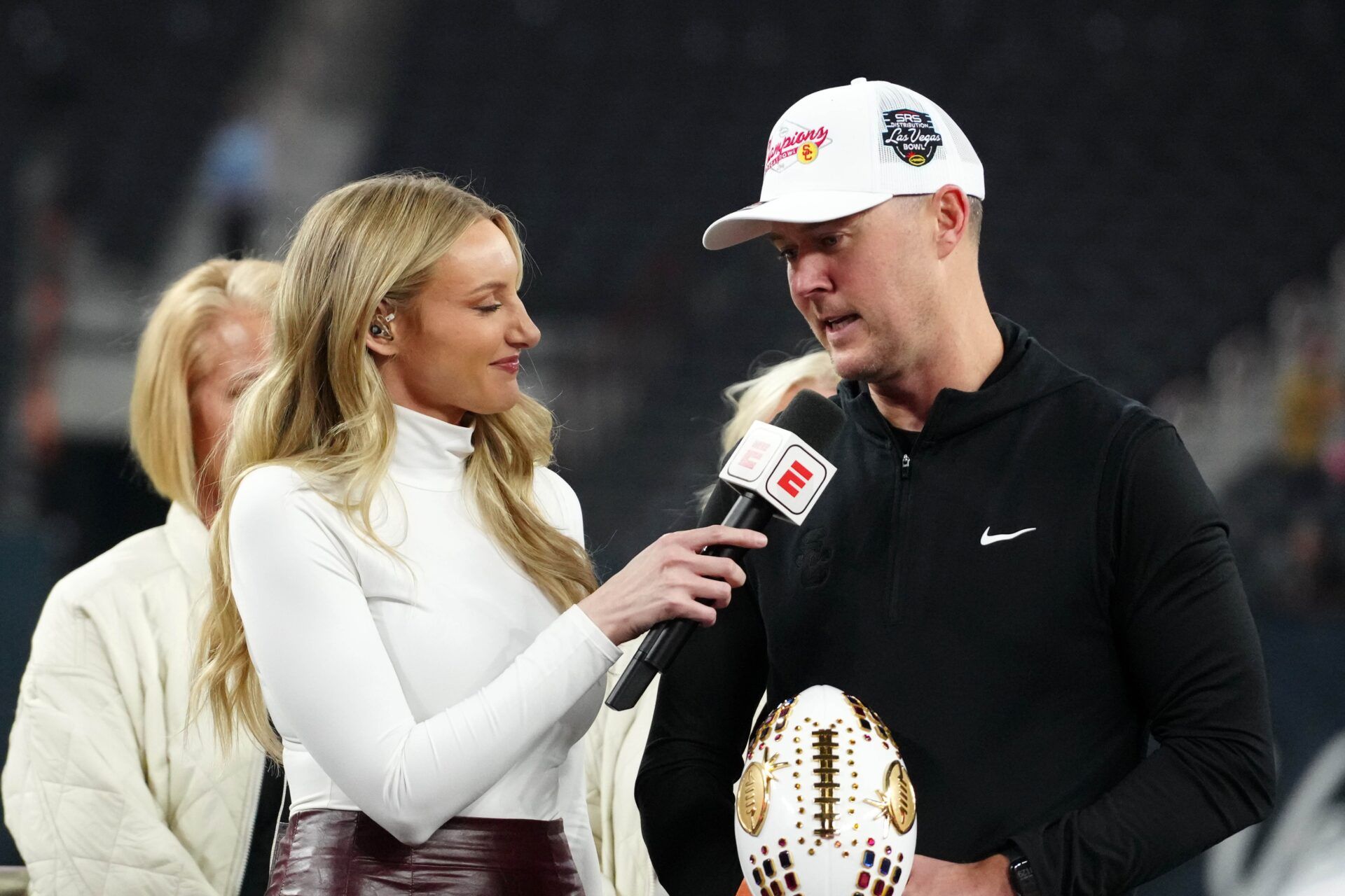 Southern California Trojans head coach Lincoln Riley is interviewed by ESPN reporter Stormy Buonantony after the game against the Texas A&M Aggies Allegiant Stadium.