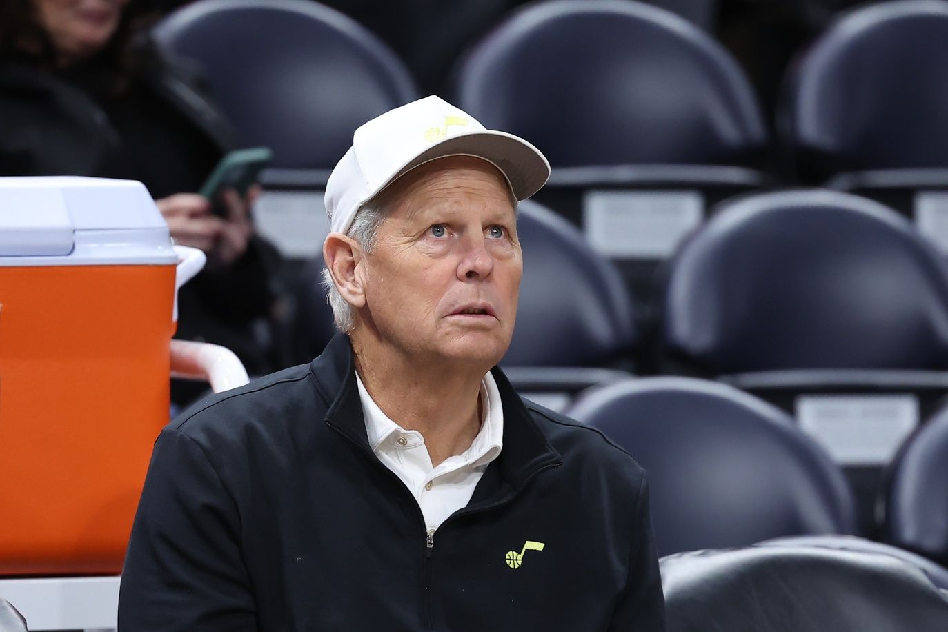 Utah Jazz CEO Danny Ainge looks on before a game against the San Antonio Spurs at Vivint Arena.