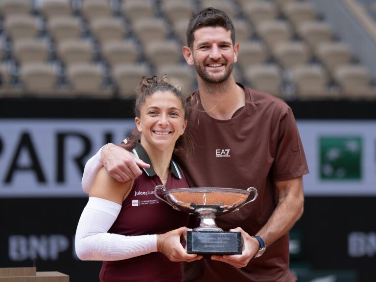Sara Errani of Italy and Andrea Vavassori of Italy win the mixed doubles final against Taylor Townsend of the United States and Evan King of the United States on day 12 at Roland Garros Stadium.