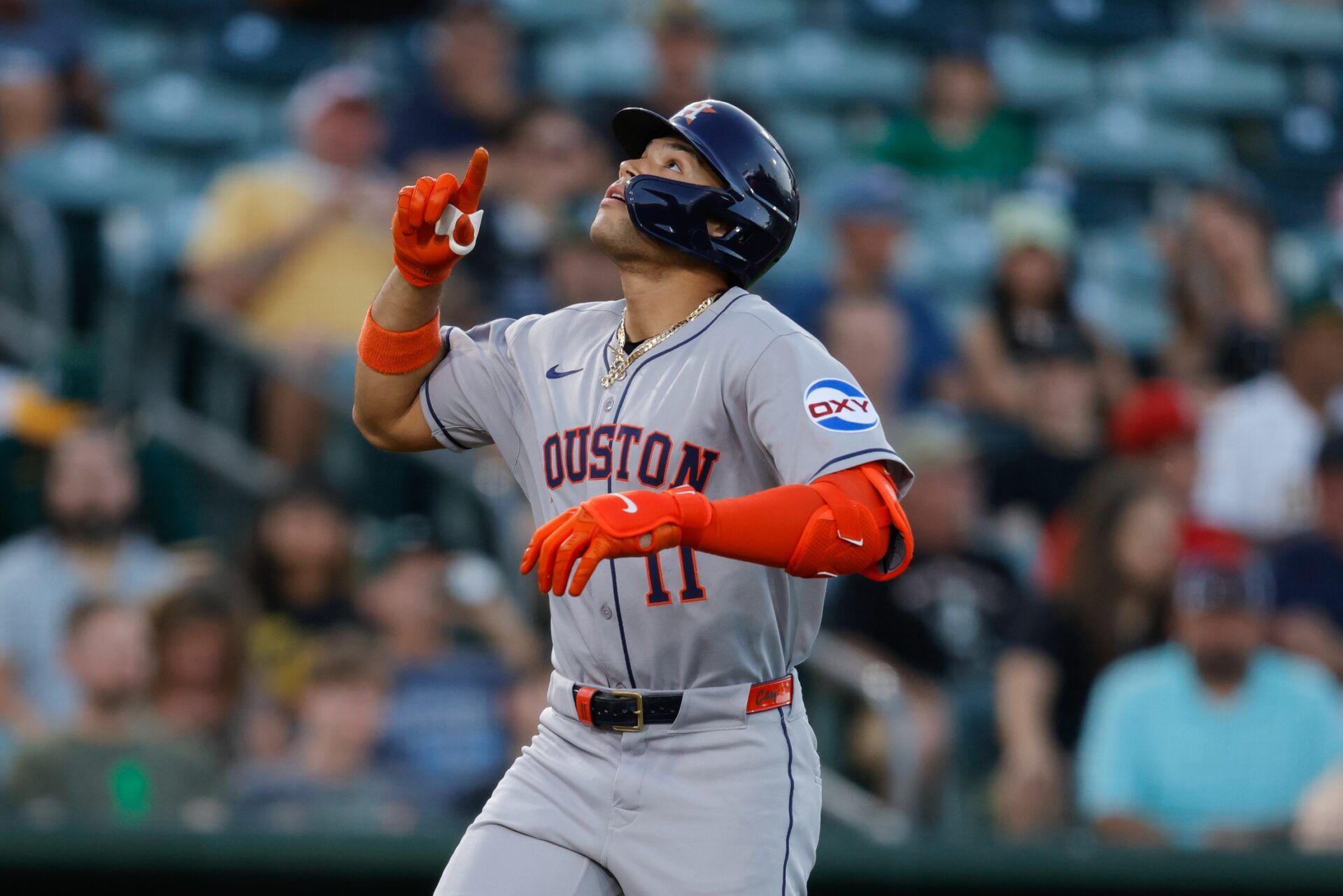 Houston Astros right fielder Cam Smith (11) celebrates after hitting a one-run home run during the fourth inning against the Athletics at Sutter Health Park.