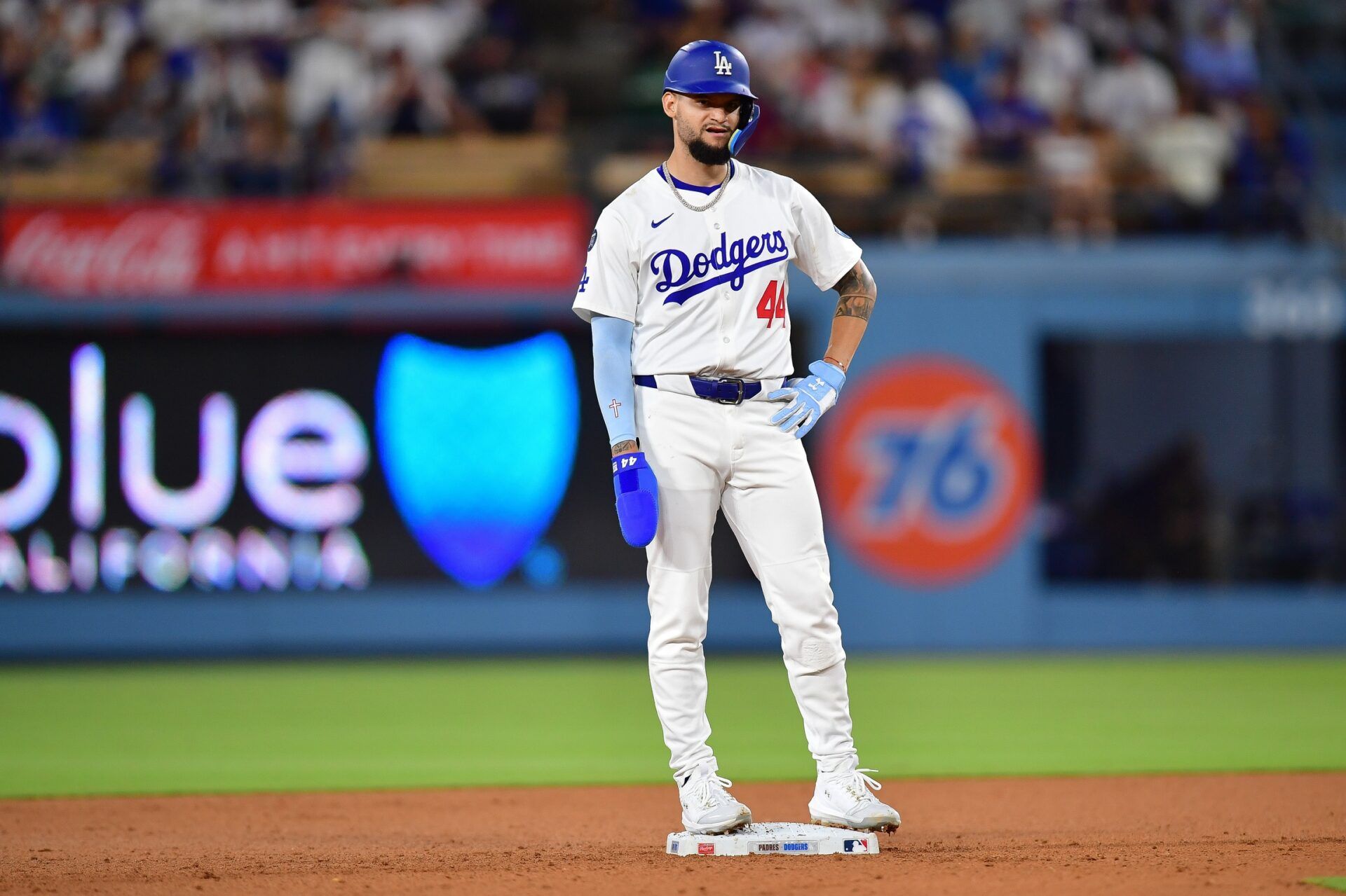 Los Angeles Dodgers center fielder Andy Pages (44) at second during the eighth inning at Dodger Stadium.