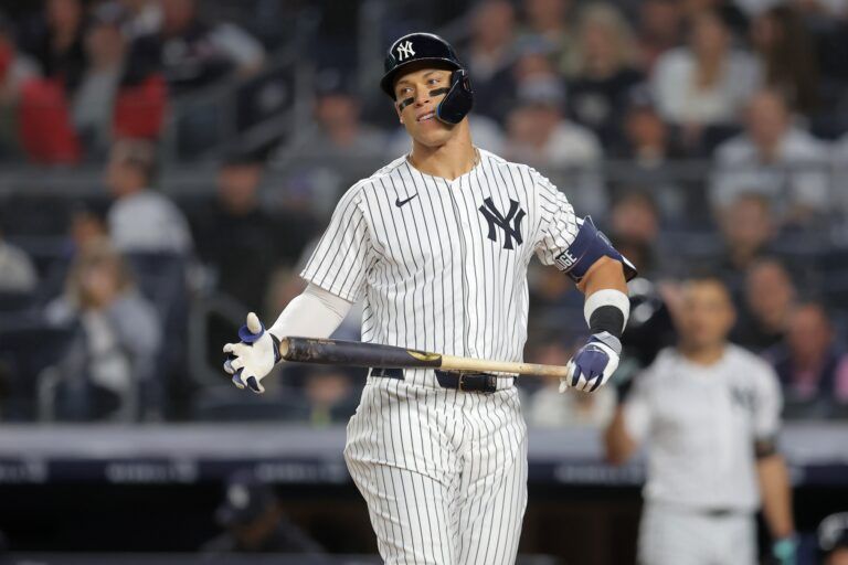New York Yankees right fielder Aaron Judge (99) reacts after striking out during the sixth inning against the Los Angeles Angels at Yankee Stadium.