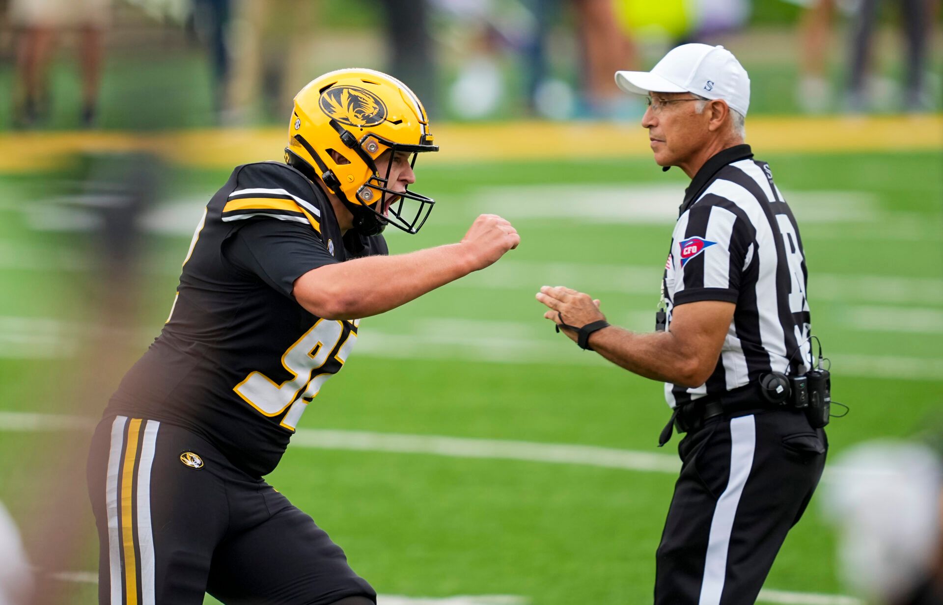 Missouri Tigers place kicker Harrison Mevis (92) celebrates after kicking the game winning field goal as time expires in the second half against the Kansas State Wildcats at Faurot Field at Memorial Stadium.