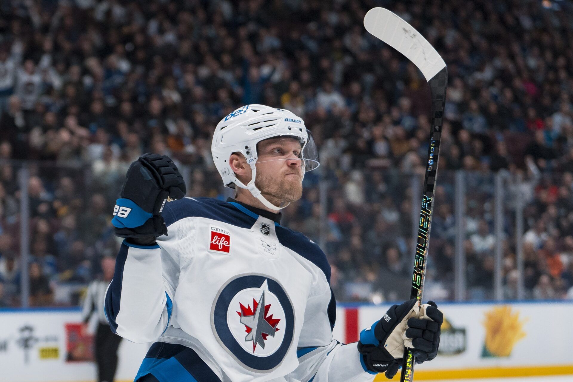 Winnipeg Jets forward Nikolaj Ehlers (27) celebrates his goal against the Vancouver Canucks in the first period at Rogers Arena.