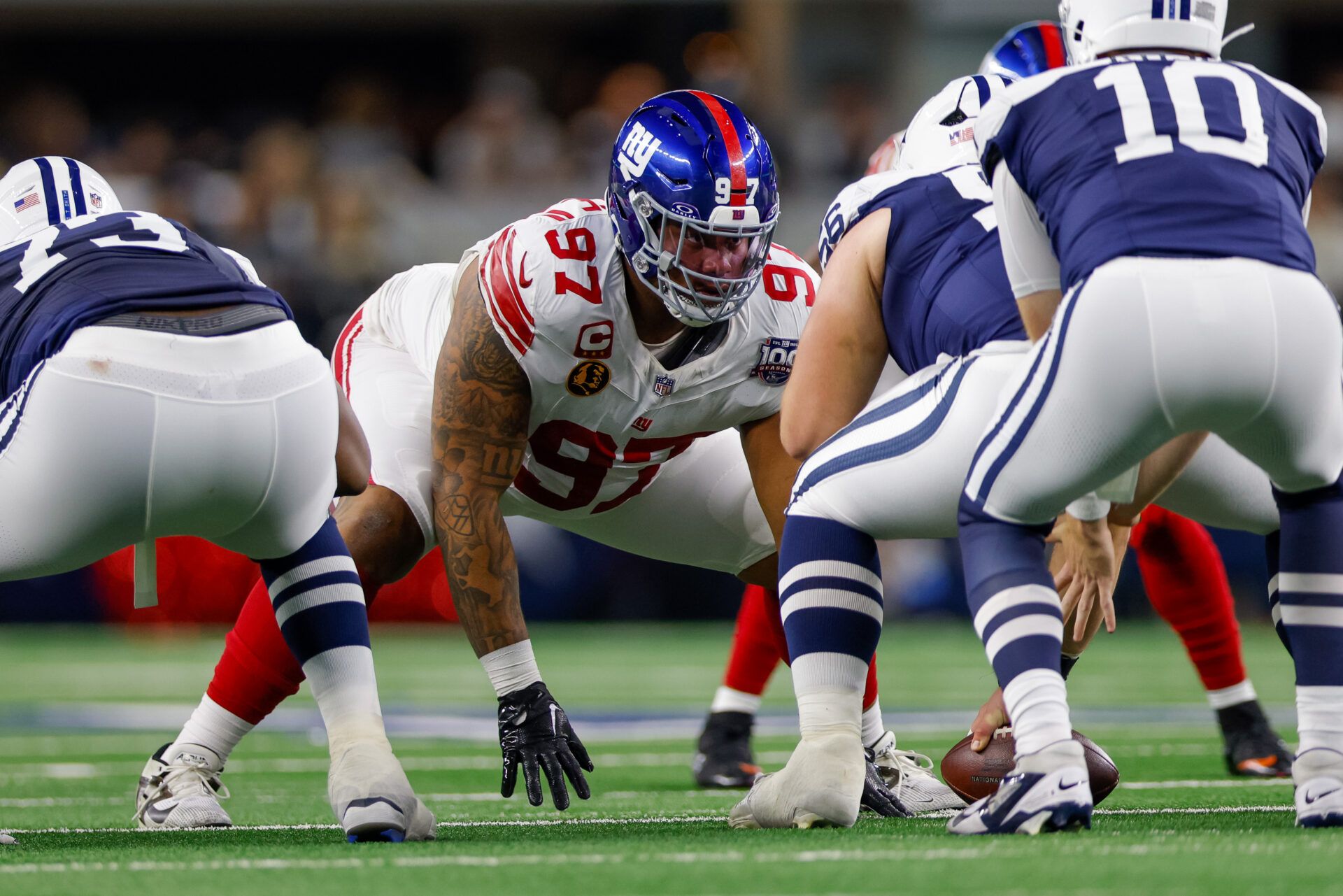 New York Giants defensive tackle Dexter Lawrence II (97) lines up during the first quarter against the Dallas Cowboys at AT&T Stadium.