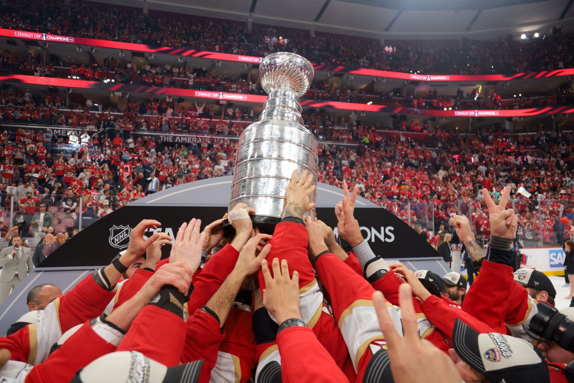 The Florida Panthers hoist the Stanley Cup after winning game six of the 2025 Stanley Cup Final against the Edmonton Oilers at Amerant Bank Arena.