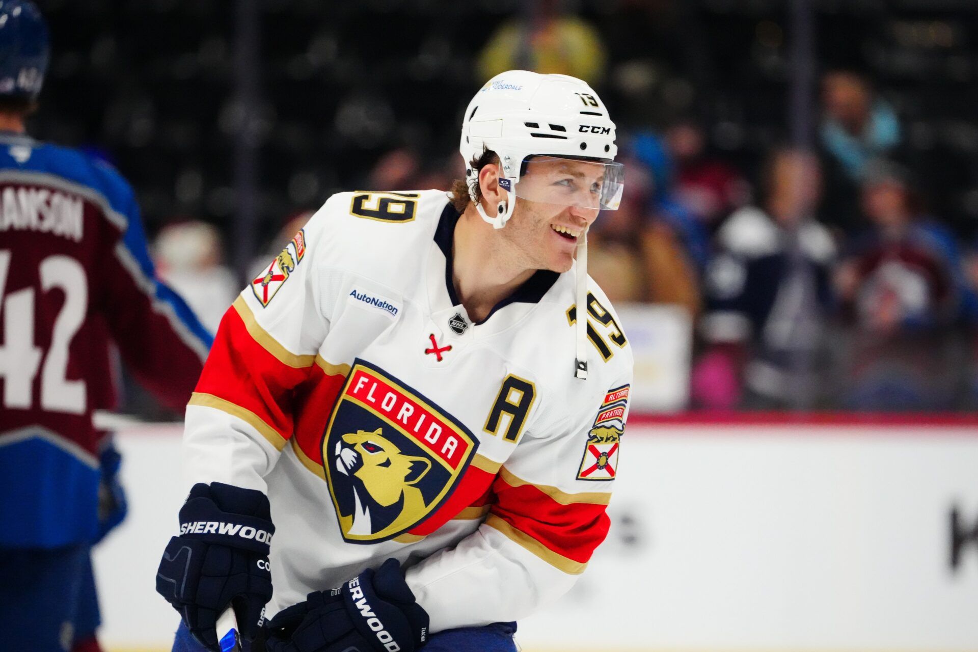 Florida Panthers left wing Matthew Tkachuk (19) before the game against the Colorado Avalanche at Ball Arena.